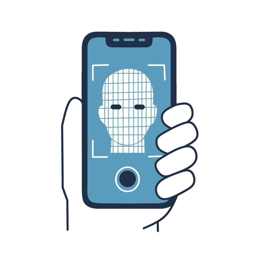 Facial Recognition Unlock. Smartphone scanning a face for authentication. Simple, clean illustration. Ideal for cybersecurity, access control. Safe, advanced mood. vector