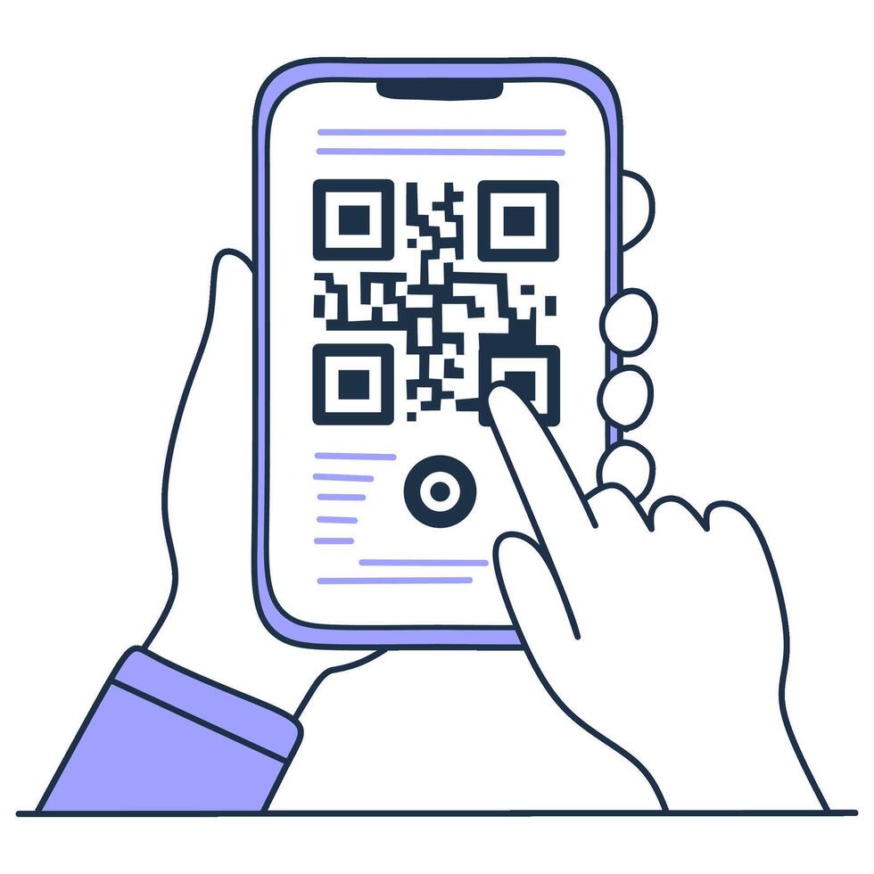 Smartphone QR code scan. Fingers point, scanning code on screen. Mobile engagement, digital info. User-friendly, modern vector