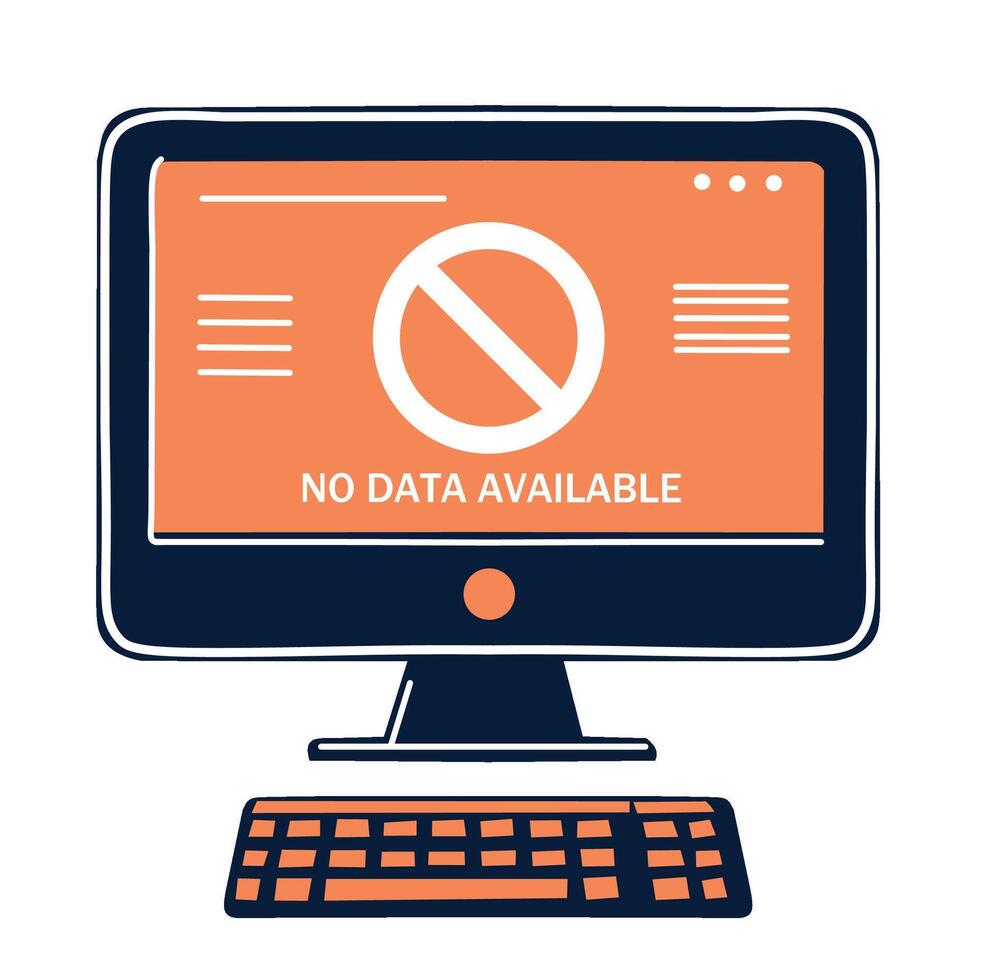 Data Unavailable on Desktop. Desktop displaying a No Data Available error. Clean outline style. Perfect for illustrating system errors. Simple, direct setting vector