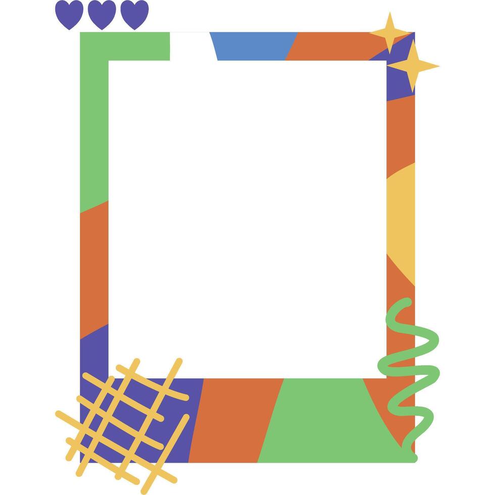 Retro Polaroid Frame. Vintage style with hearts, flower, and geometric shapes. Perfect for photos, memories, scrapbooking. Cheerful, nostalgic atmosphere vector