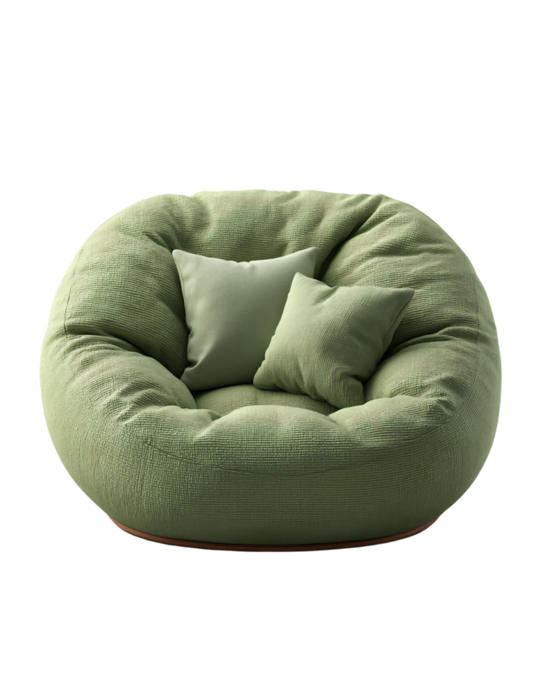 Soft Green Bean Bag Chair with Two Decorative Cushions at Home png