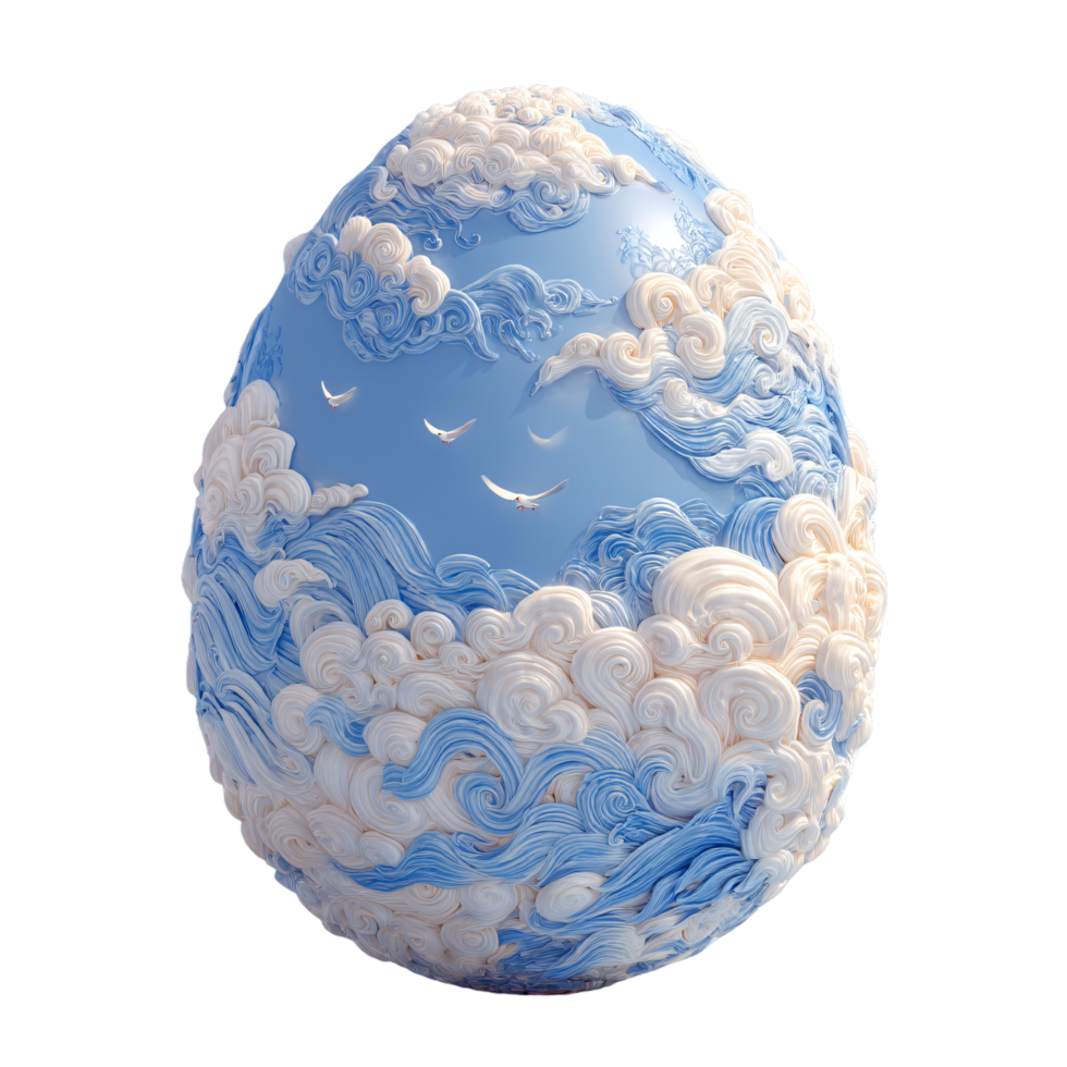Ornate Blue Egg Surrounded by Clouds and Birds in a Dreamy Sky Setting png