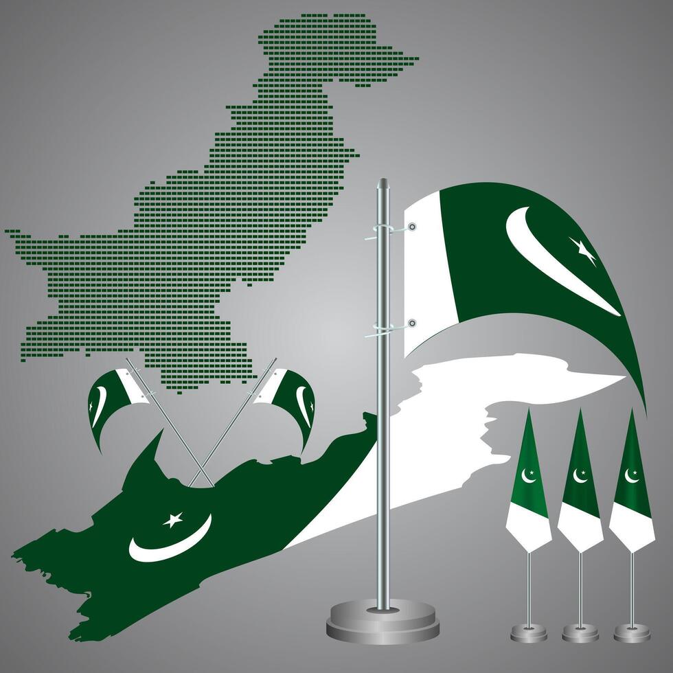Modern realistic geopolitical Pakistani dotted map. Pakistan full map with realistic flagpole. Map of Pakistan in national border. Unique territorial country of Pakistani dotted map with flagpole vector