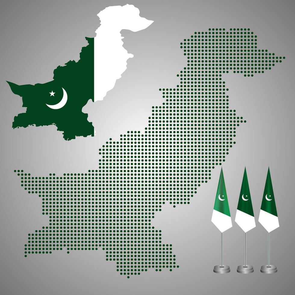 Pakistani realistic geopolitical dotted map. Pakistan realistic full map with flagpole. Business solid map of Pakistan in national border. Territorial country of Islamic country Pakistani dotted map. vector