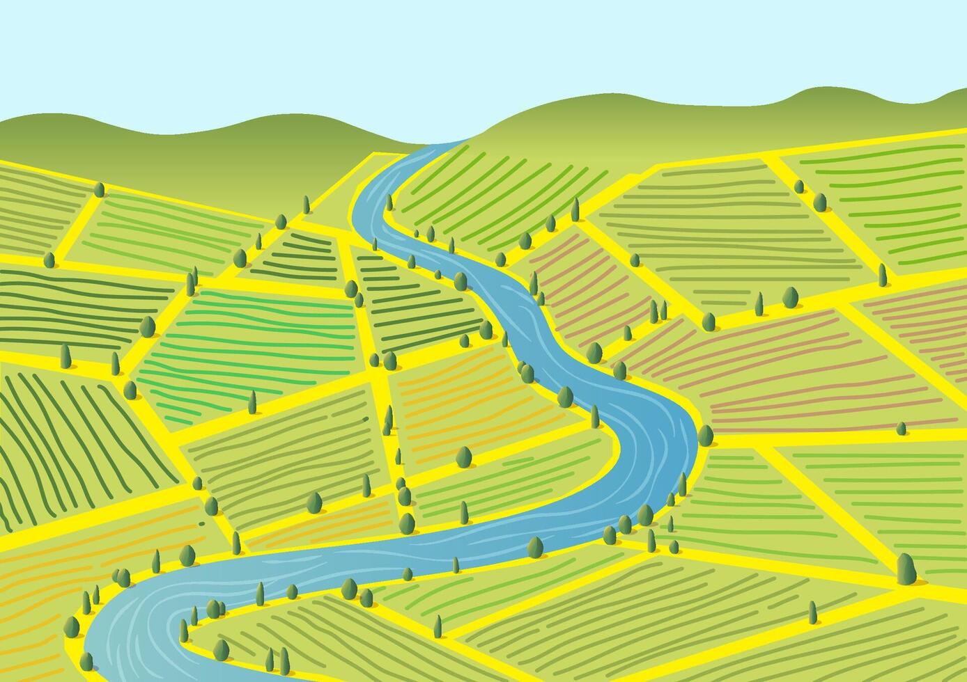 landscape view of rice fields with mountains vector