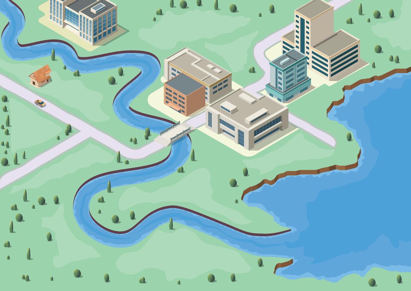 isometric Industrial building area with river and lake vector