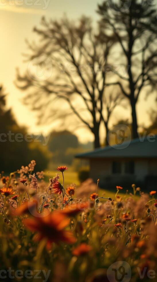 a charming rustic house amidst a sunlit wildflower field, with trees silhouetted against a warm sunset sky photo