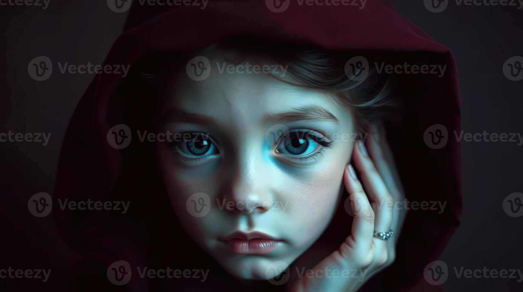 A portrait of a young girl with a gentle gaze, her face framed by a dark hooded garment, evokes a sense of mystery and introspection. The lighting casts dramatic shadows. photo