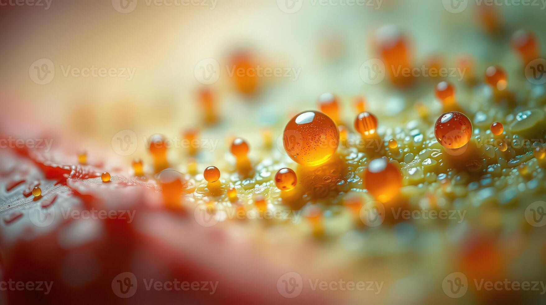 Macro photography of amber resin droplets on a plant surface photo