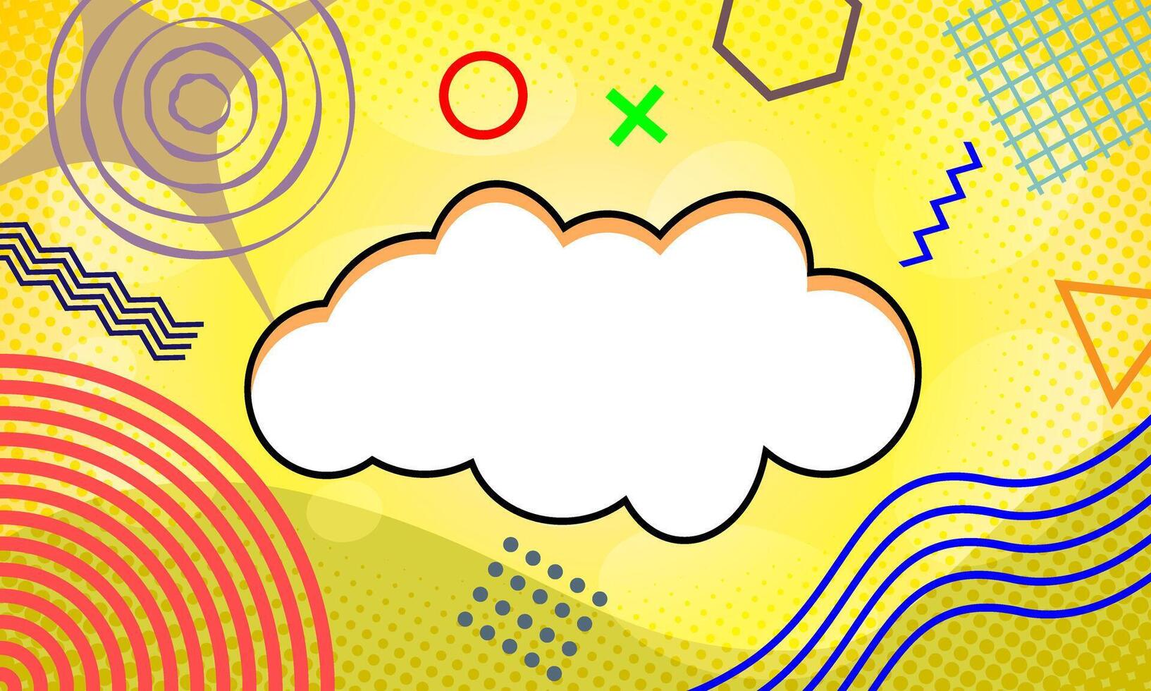 Bright background in Memphis style with bubble white cloud. colorful geometric comic cover design. Fashionable bright cover, banner, poster, booklet. background event vector