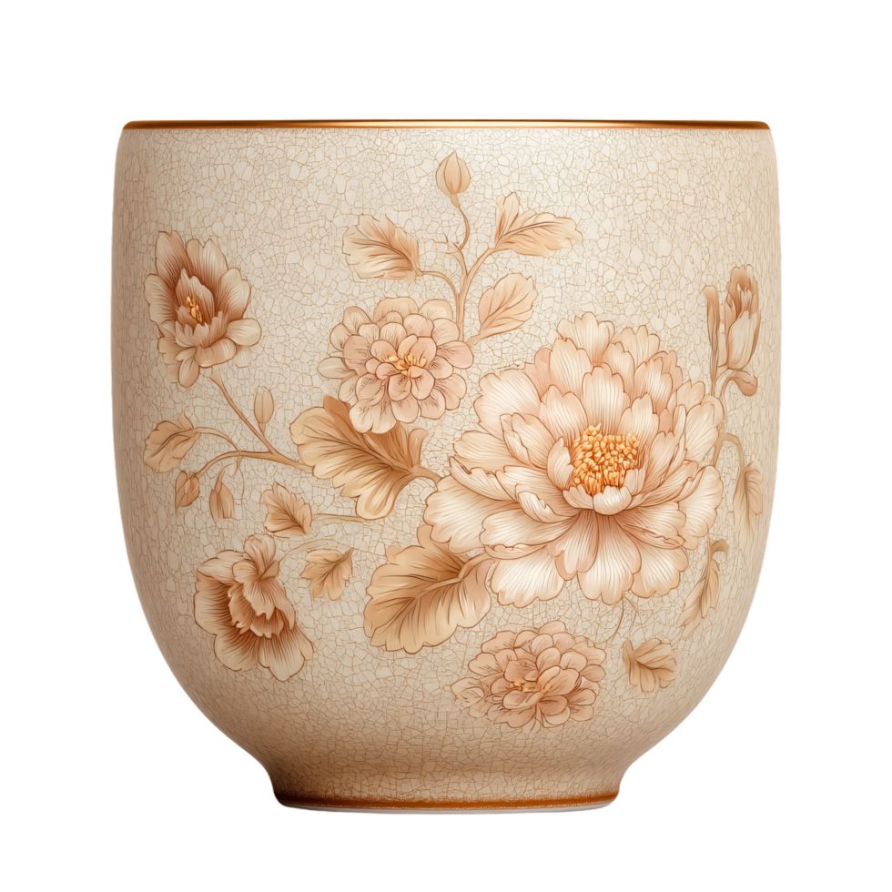 Elegant Floral Porcelain Bowl with Intricate Crackle Glaze and Delicate Patterns png