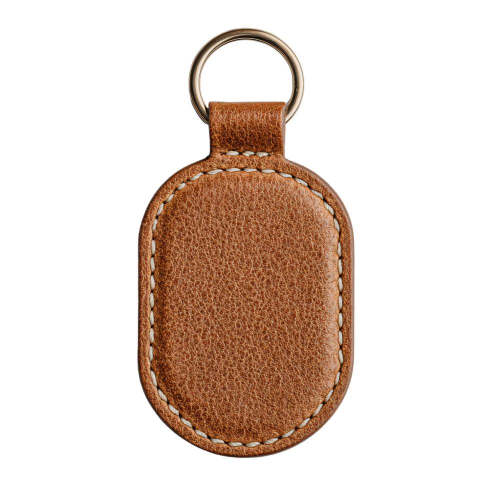 Elegant Brown Leather Keychain with Metal Ring and Stitching Detail png