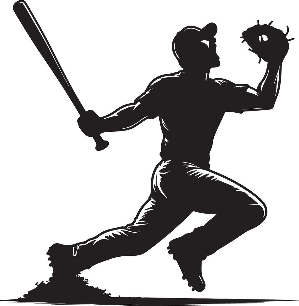 A monochrome drawing of a baseball player running with a bat and catching a ball vector
