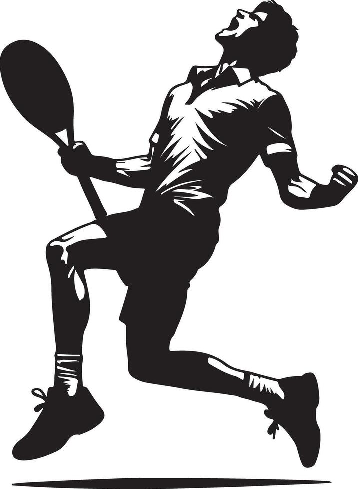 Silhouette of tennis player celebrating a victory with racket in hand on white background vector