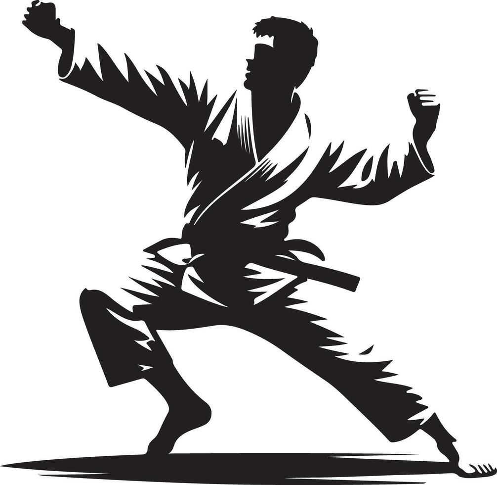 Silhouette of a man in a karate stance wearing a gi and belt against white background vector
