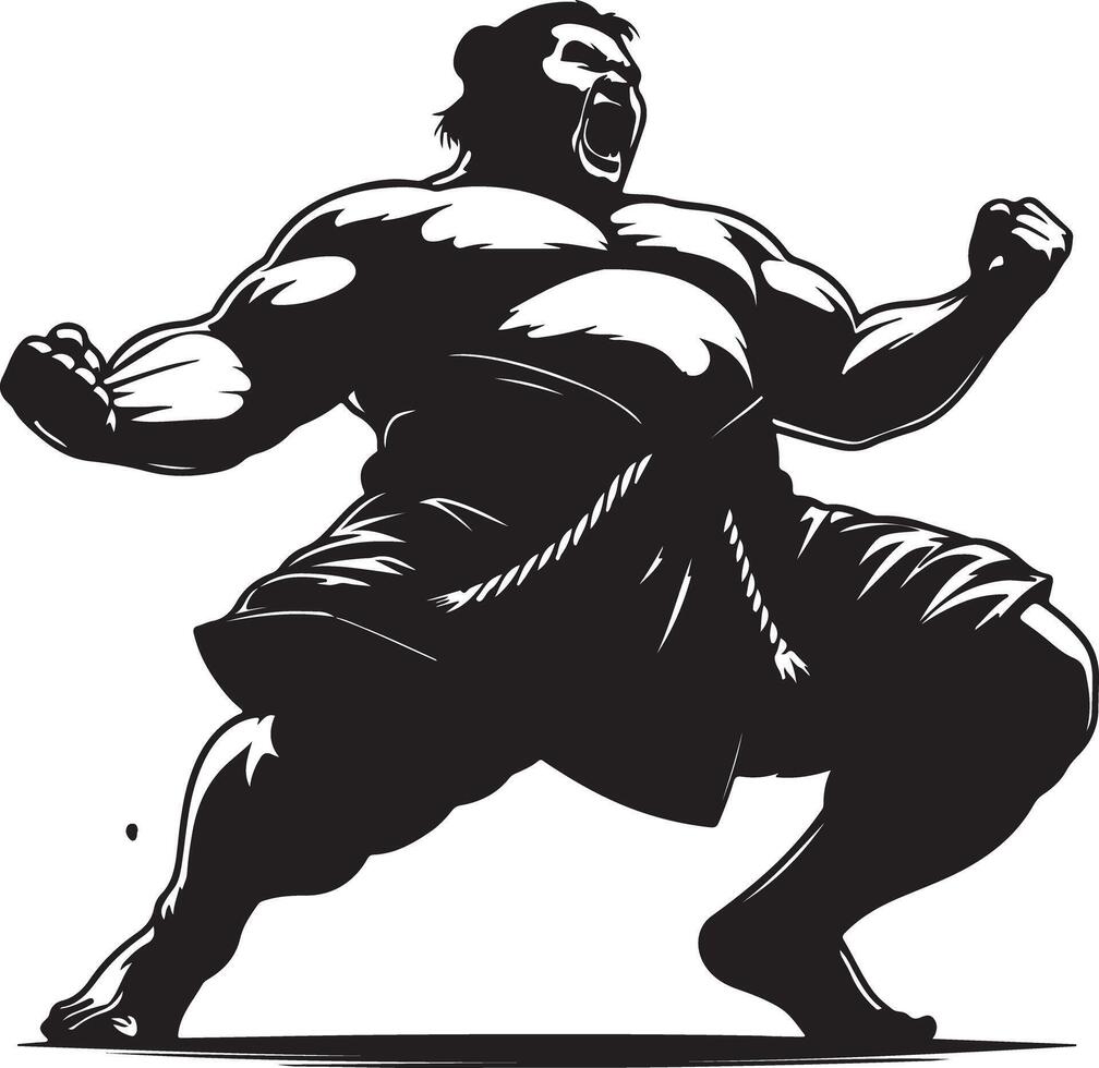 A black and white illustration of a sumo wrestler yelling with fists clenched tight vector