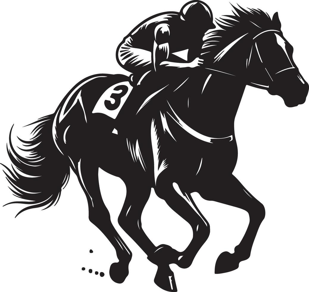 A black and white illustration of a horse race with a jockey and the number three vector