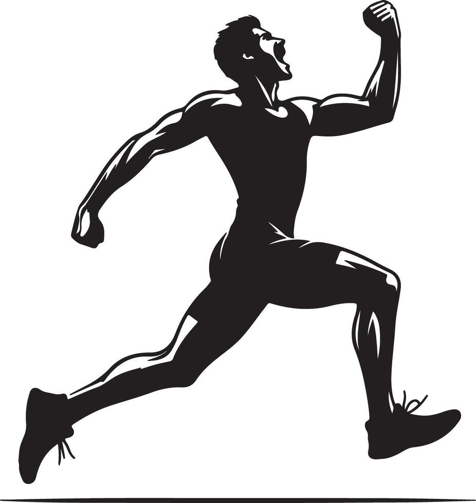 A black and white silhouette of a man running with his fist raised in the air vector