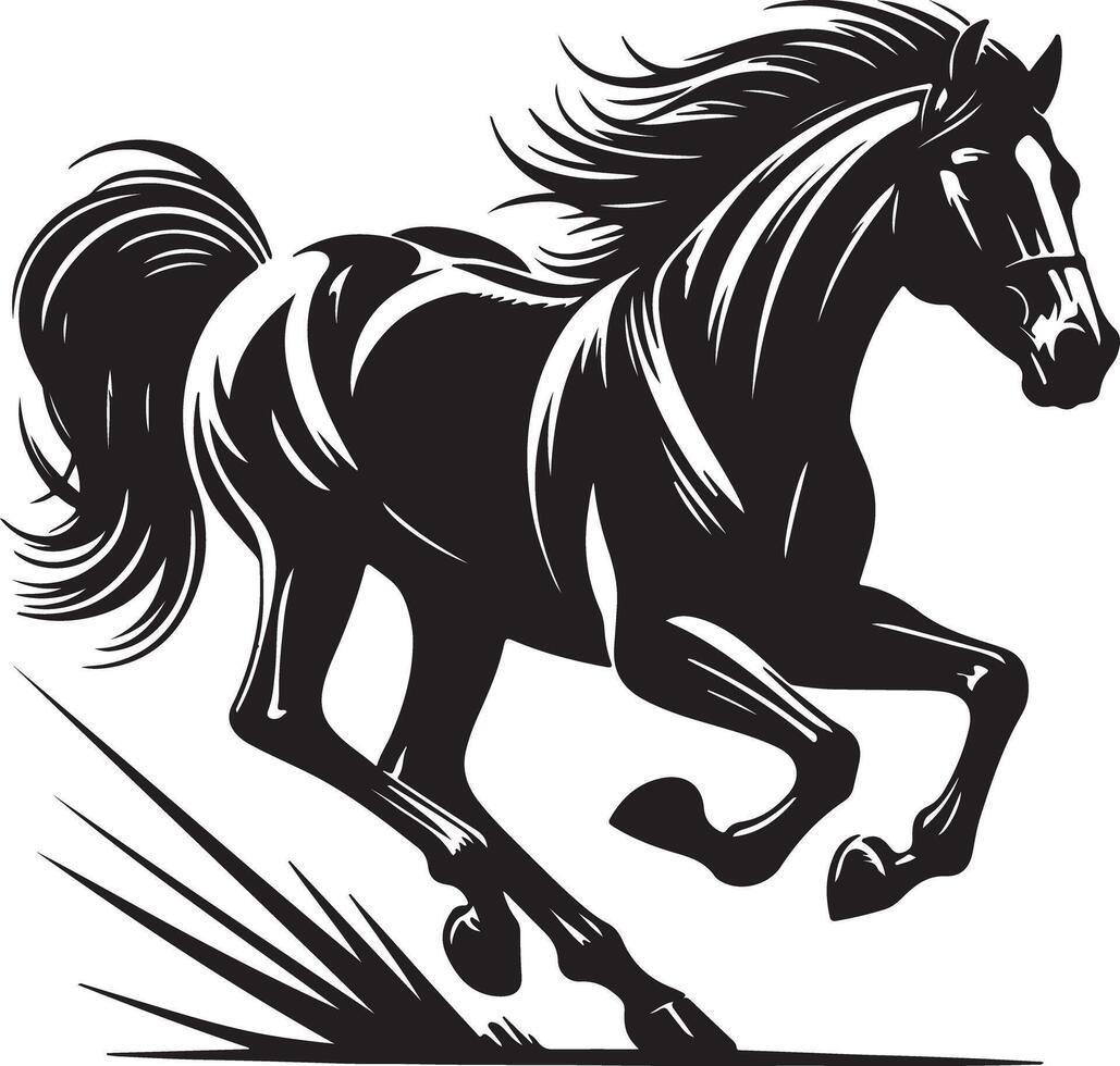 A black and white graphic illustration of a running horse with flowing mane and tail vector