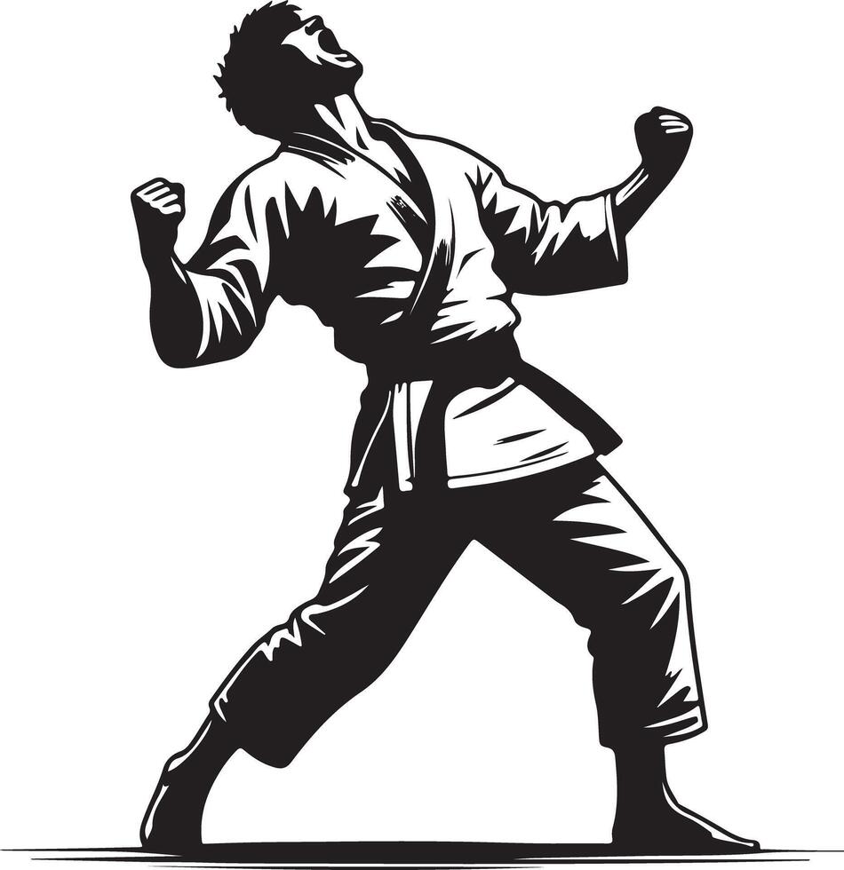 A monochrome illustration of a karateka celebrating with clenched fists and shouting vector