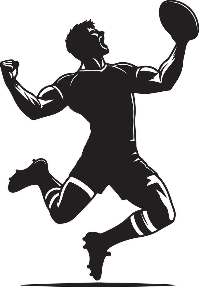 A black and white graphic of a rugby player celebrating a win while holding the ball vector