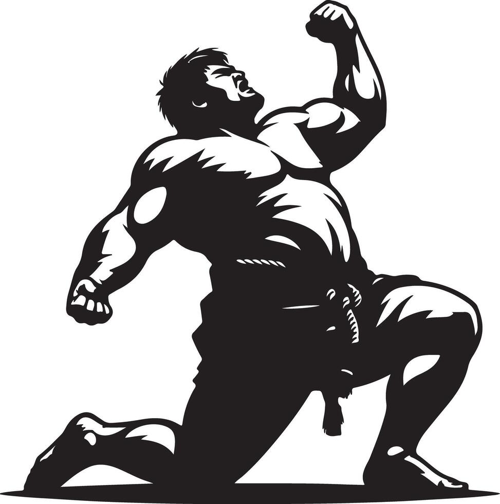 A muscular man kneeling with fist raised in black and white illustration vector