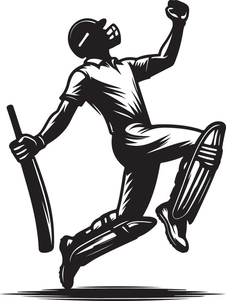 A black and white illustration of a cricket player celebrating a victory vector