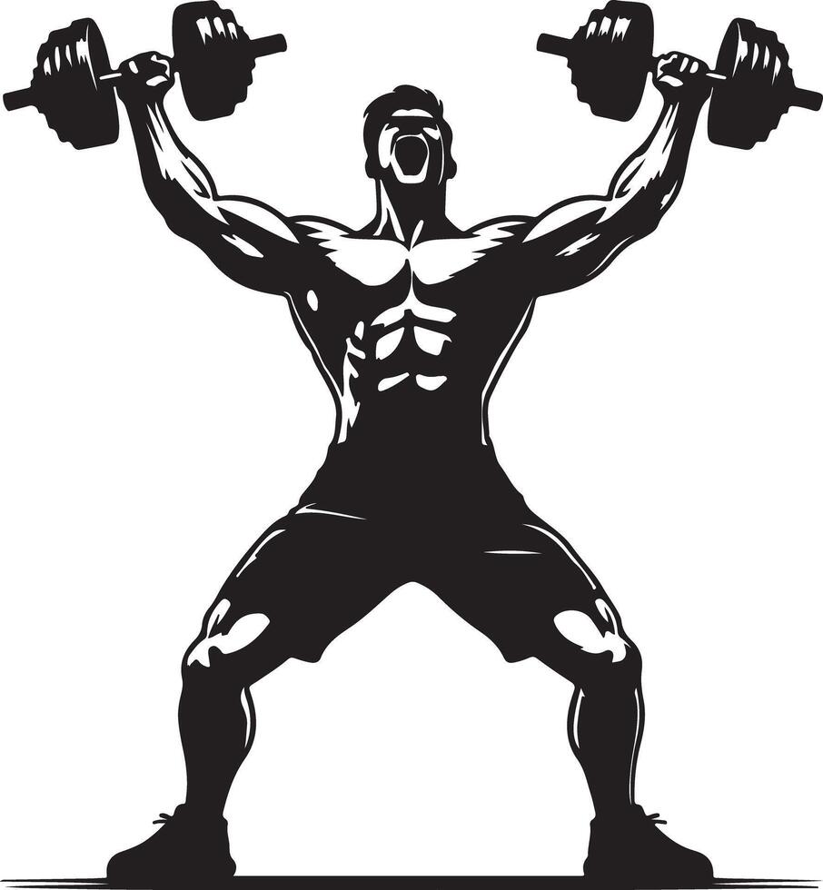 A monochrome illustration of a muscular man lifting dumbbells with a determined face vector