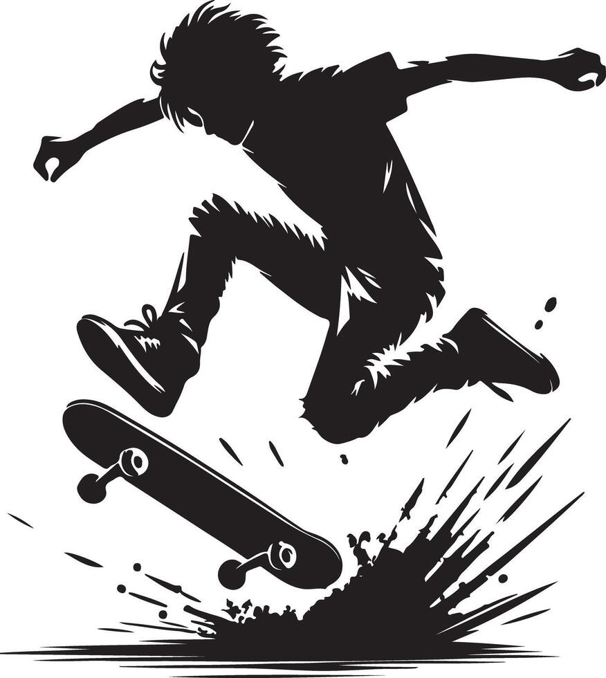 Silhouette of a skateboarder performing a jump trick on a skateboard in mid air vector