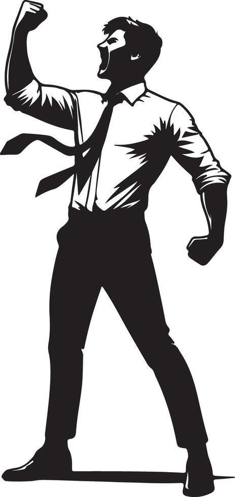 A man in a suit with a tie is cheering with his fist raised in the air in silhouette vector