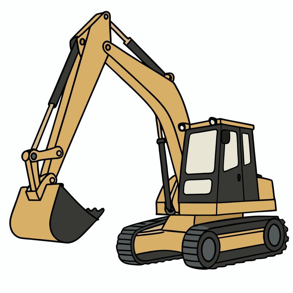 A cartoon illustration of a yellow excavator with a raised bucket on a white background vector