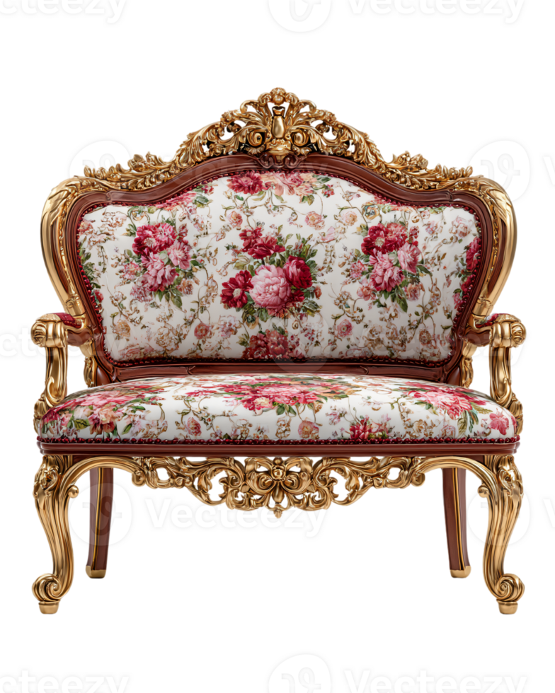 Ornate Vintage Upholstered Chair with Floral Pattern and Gold Accents png