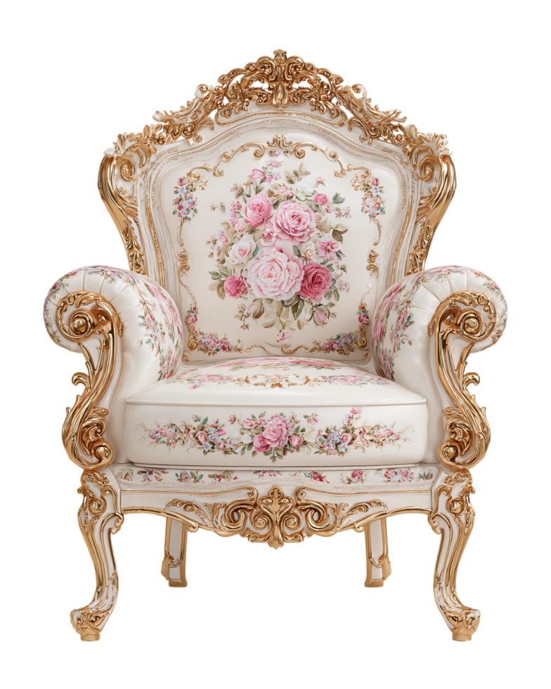 Ornate Vintage Floral Armchair with Gold Detailing and Roses png