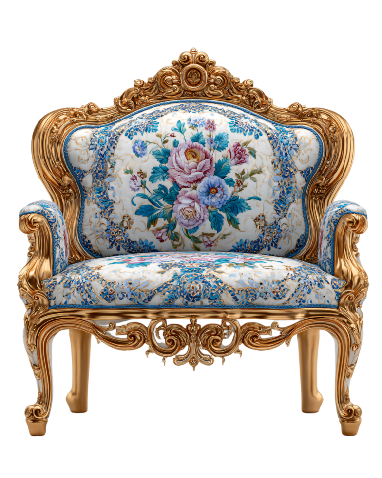 Luxurious Ornate Floral Upholstered Sofa with Golden Accents png