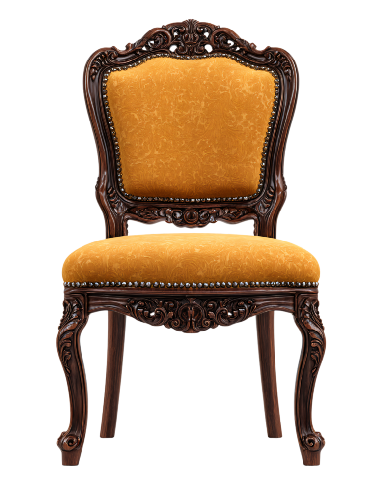 Elegant Antique Chair with Intricate Wooden Frame and Yellow Upholstery png