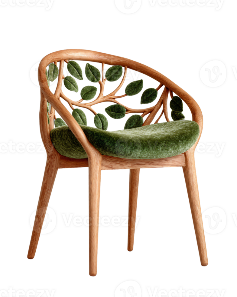 Elegant Green Upholstered Chair with Artistic Leaf Design and Wood Frame png