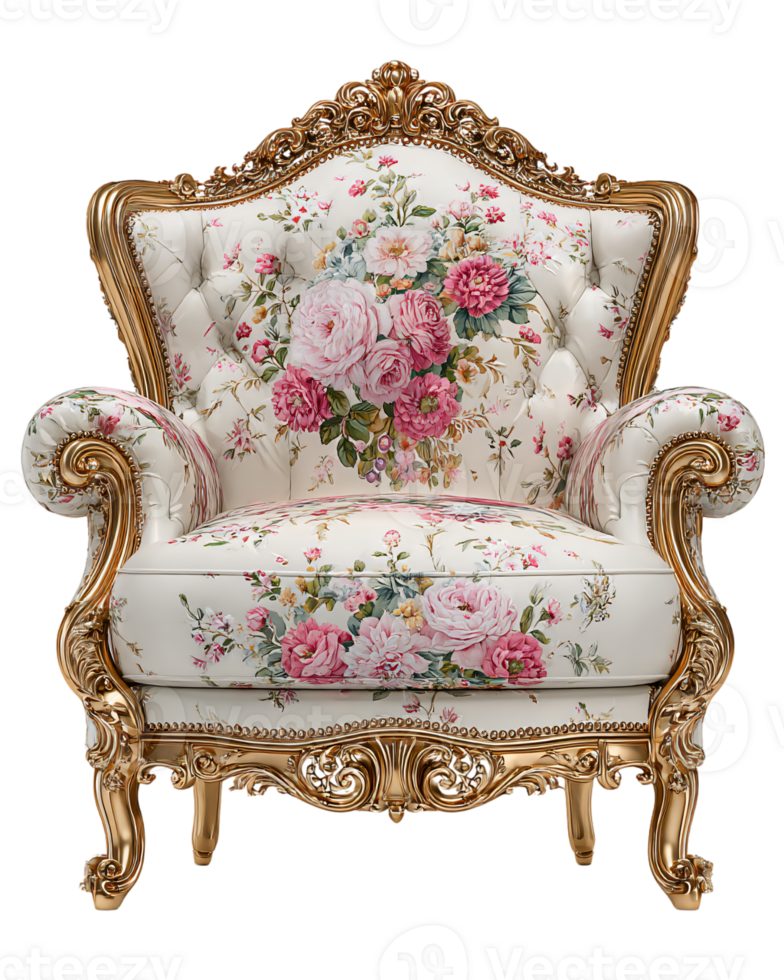 Elegant Floral Armchair with Ornate Gold Frame and Classic Design png