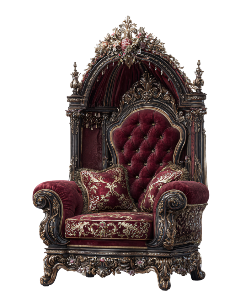 Ornate Vintage Armchair with Rich Red Upholstery and Intricate Design png