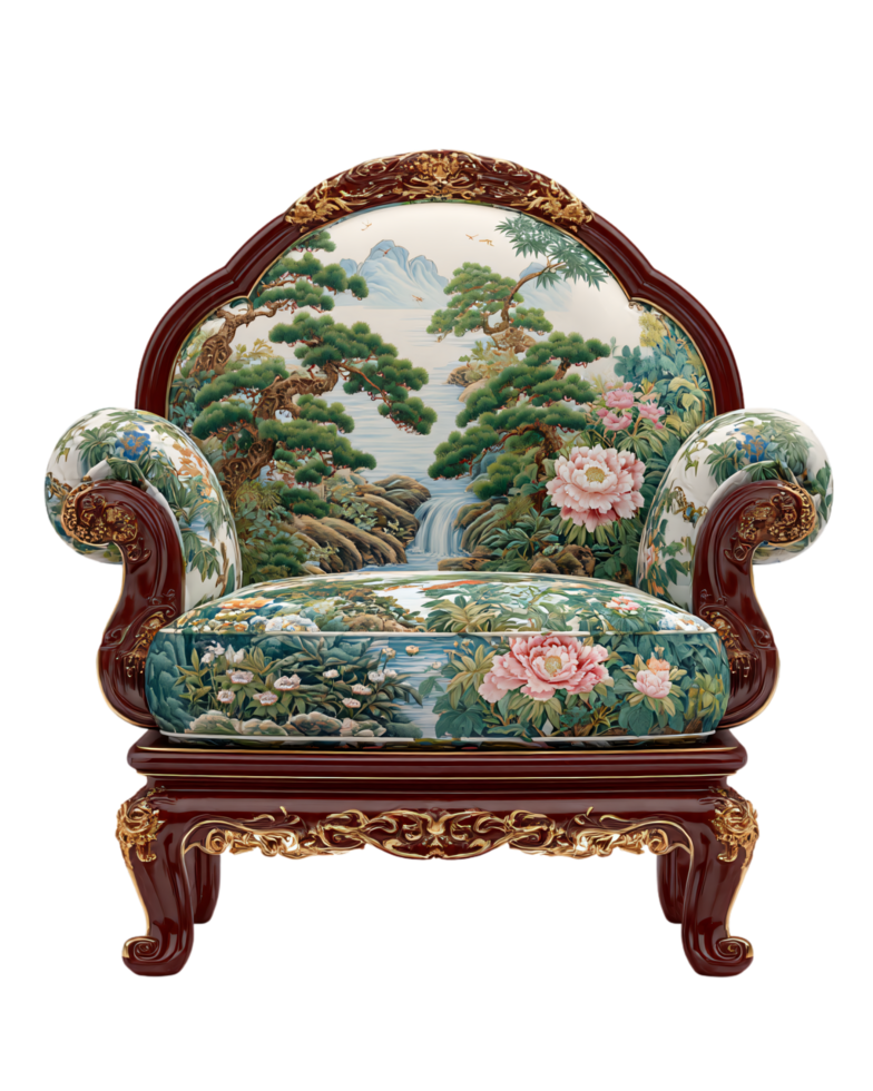 Elegant Traditional Chair with Floral Design and Decorative Features png