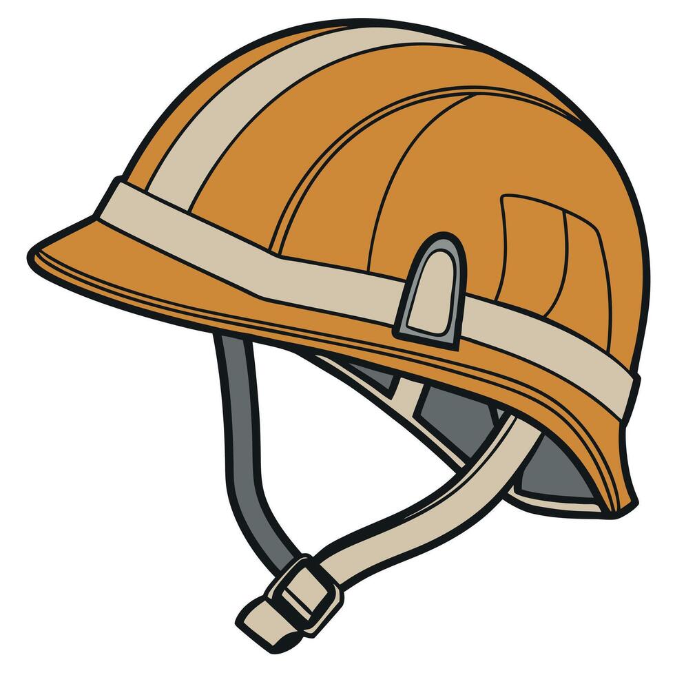 An illustration of a construction helmet in orange with beige stripes and a chinstrap vector