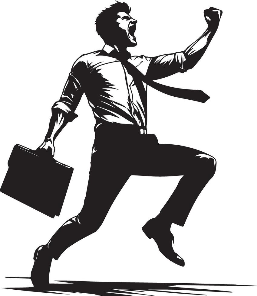 A stylized monochrome image of a businessman jumping with a briefcase and celebrating vector