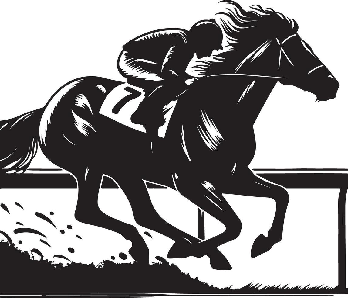 A black and white illustration of a horse and jockey racing with number seven on back vector