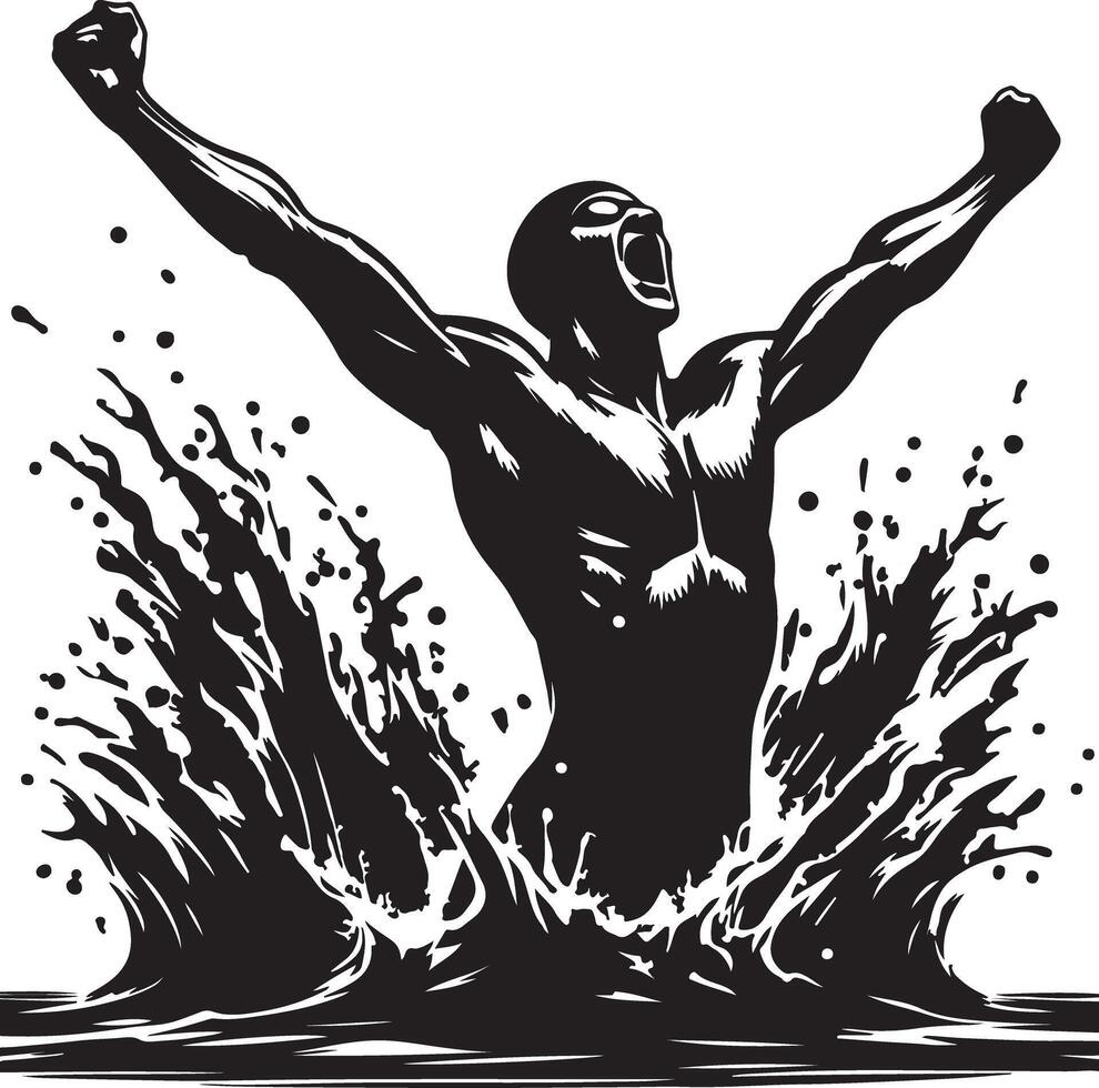 A monochrome illustration of a swimmer emerging from water with arms raised victoriously vector