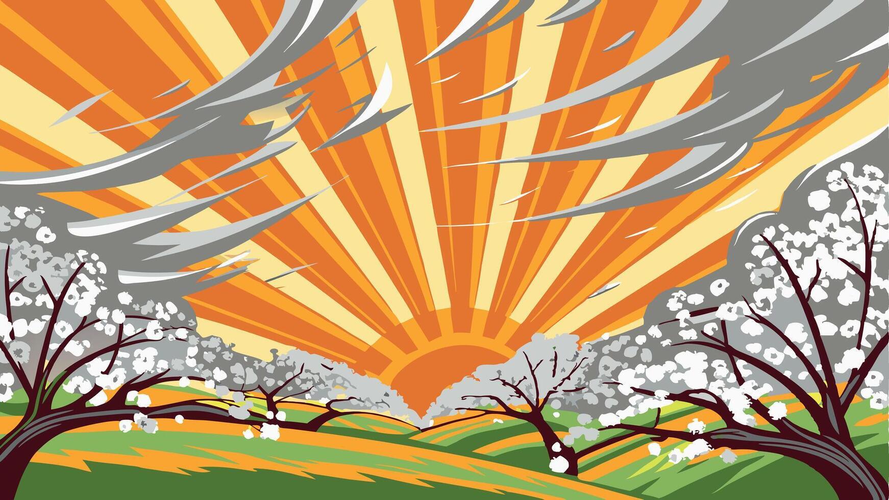 Stylized landscape with blossoming trees, sun rays, and wispy clouds in the sky vector