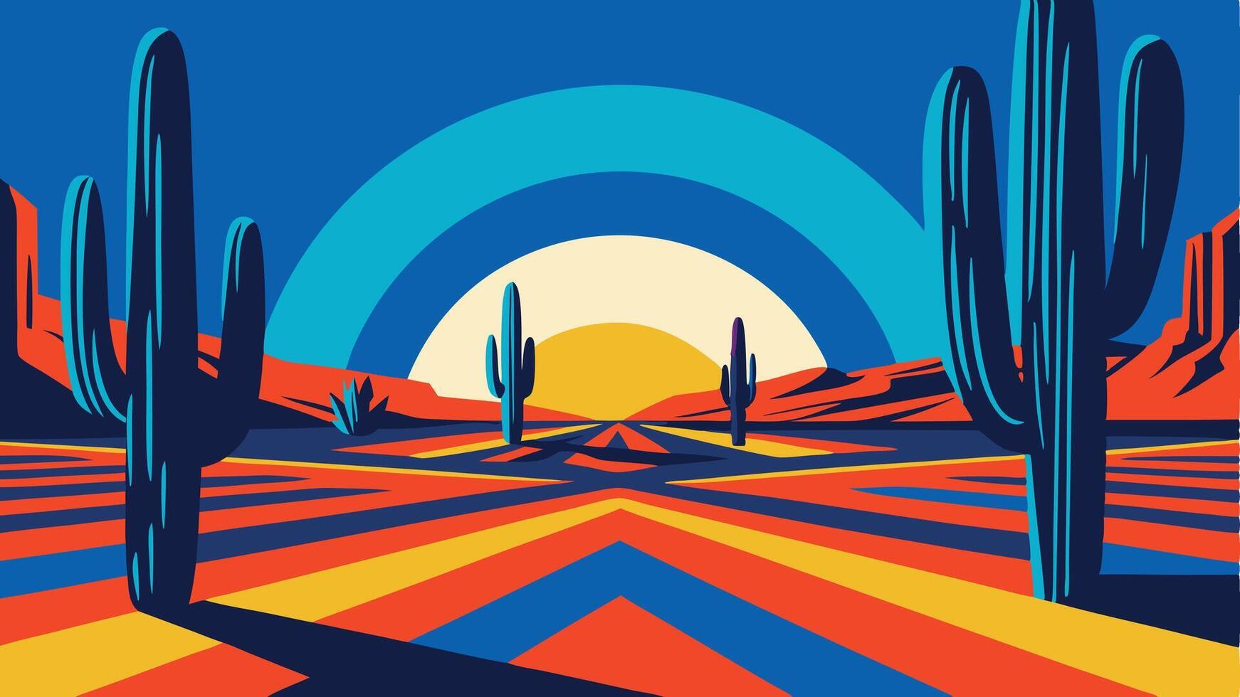Stylized desert landscape with saguaro cacti under a blue sky and vibrant ground vector