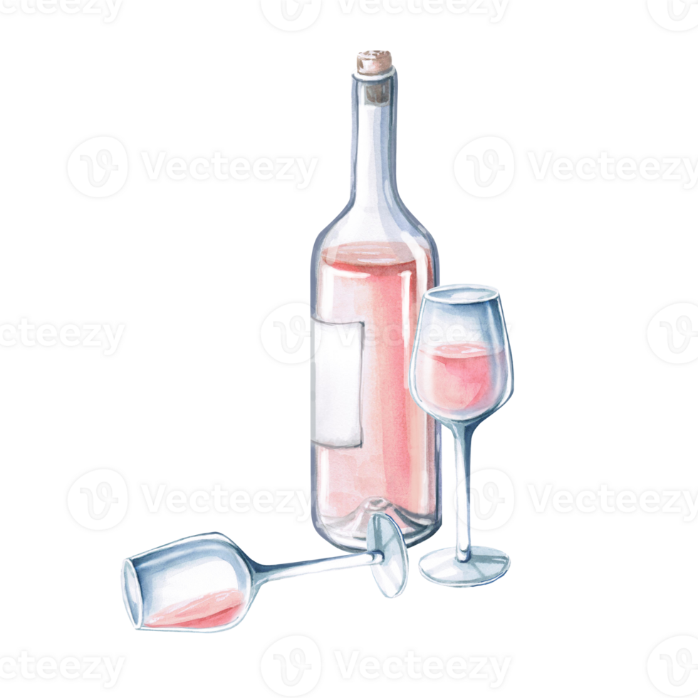 Incomplete bottle of rose wine, standing and lying glass. Isolated watercolor illustration for restaurant menu design, summer parties, wedding. png
