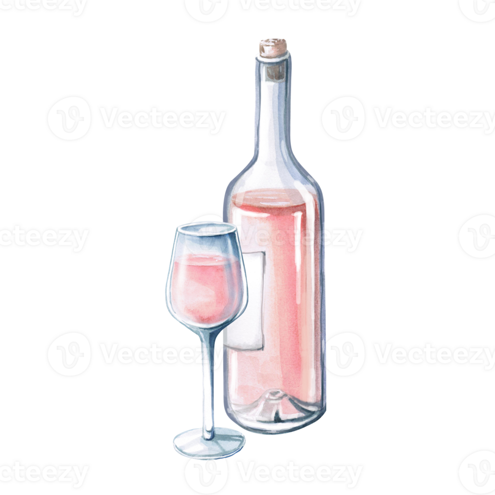 Partial bottle of rose wine and glass. Isolated watercolor illustration for restaurant menu design, summer parties. png