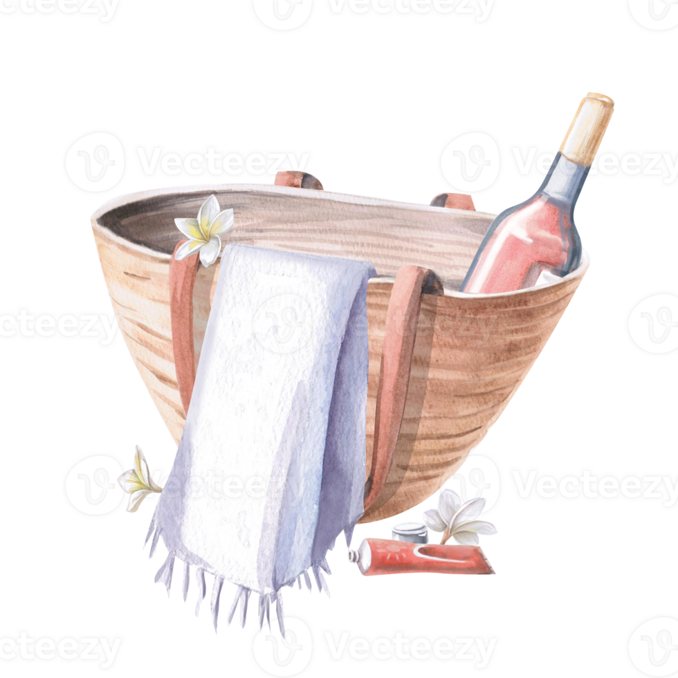 Large beach bag with a bottle of wine and a towel. Isolated watercolor illustration on the theme of vacation for the design of theme parties, travel cards, printing on posters and clothes. png