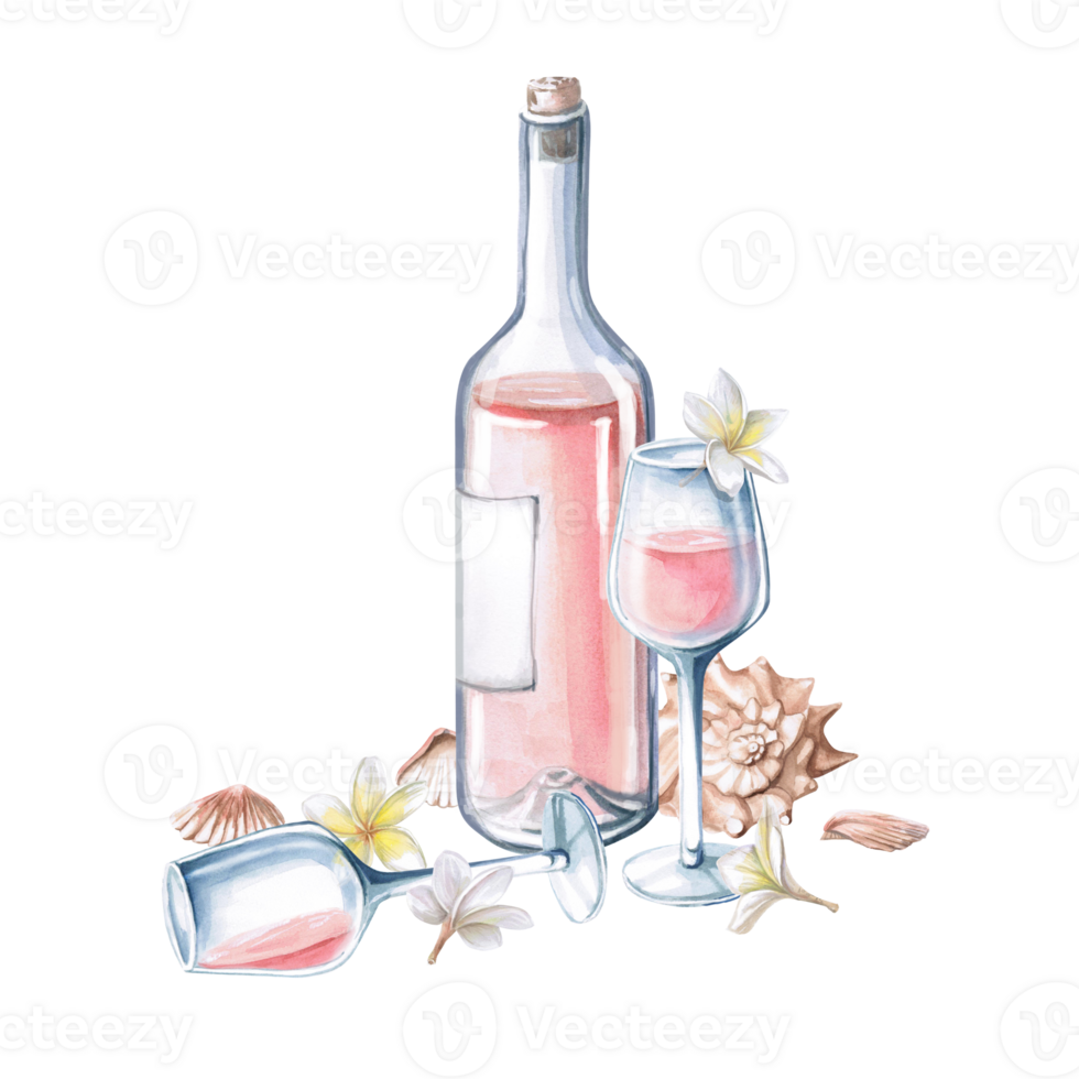 Incomplete bottle of rose wine, standing and lying glass, delicate frangepani flowers and shells. Isolated watercolor illustration for menu design of seafood restaurants, summer parties, wedding. png