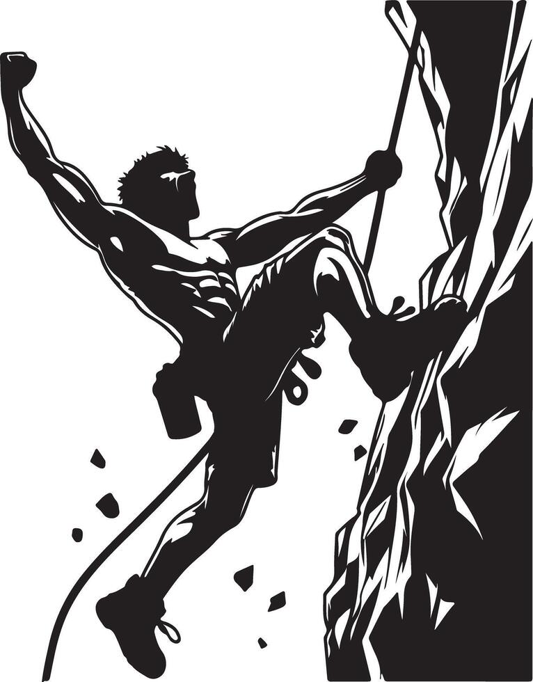 A black and white illustration of a man rock climbing with an expression of victory vector